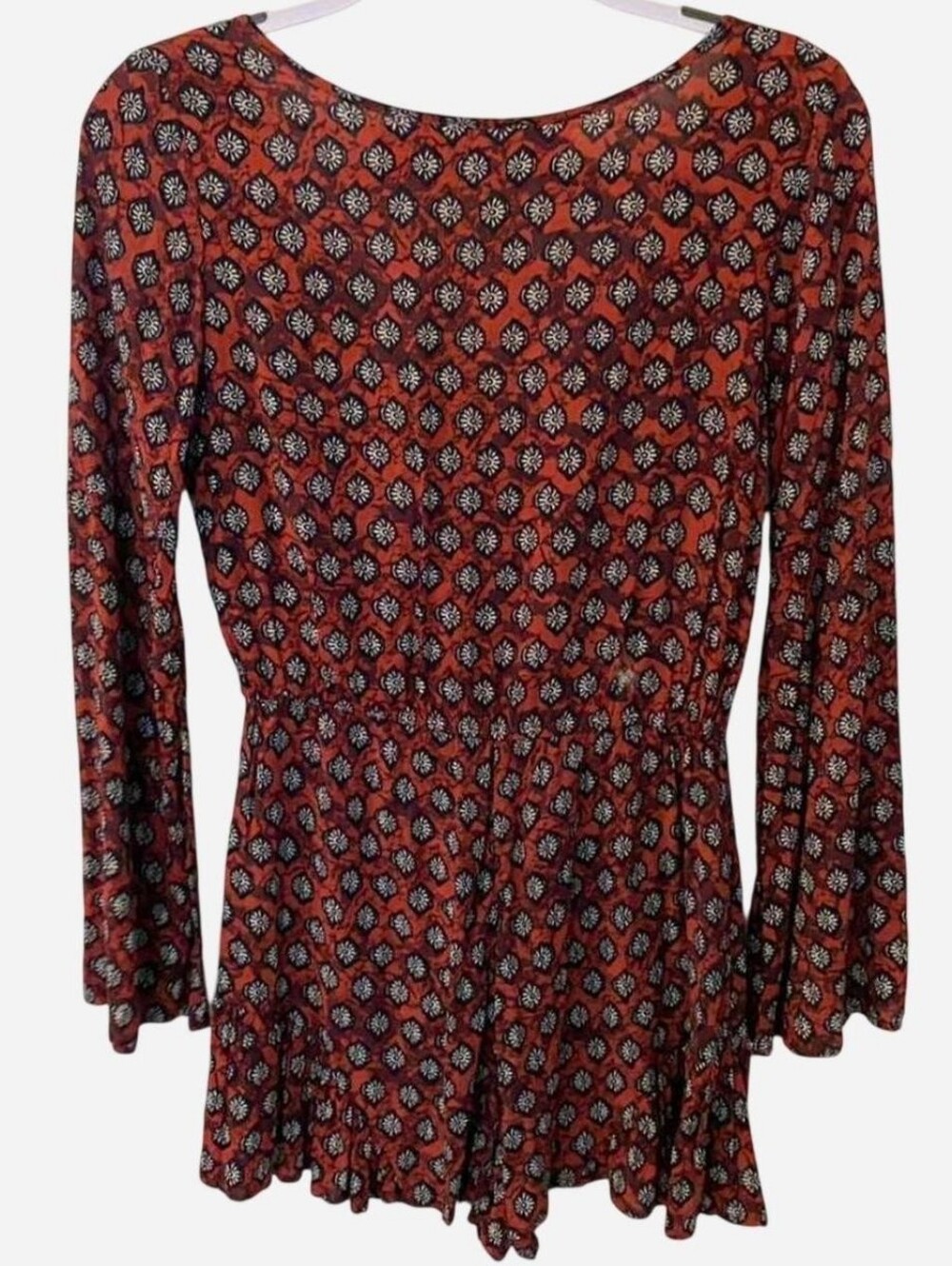 Xhilaration Rust Red Abstract Floral Romper Tie-Front Long Bell Sleeve Playsuit - Picture 3 of 6